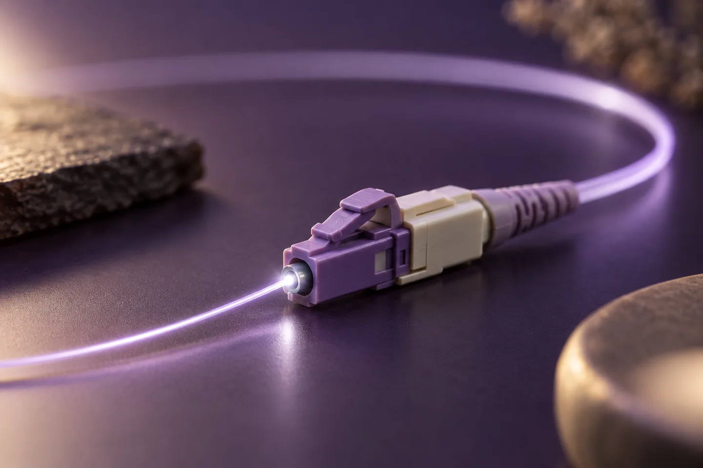Close-up of an optical fibre connector with a delicate glowing cable on a dark purple surface