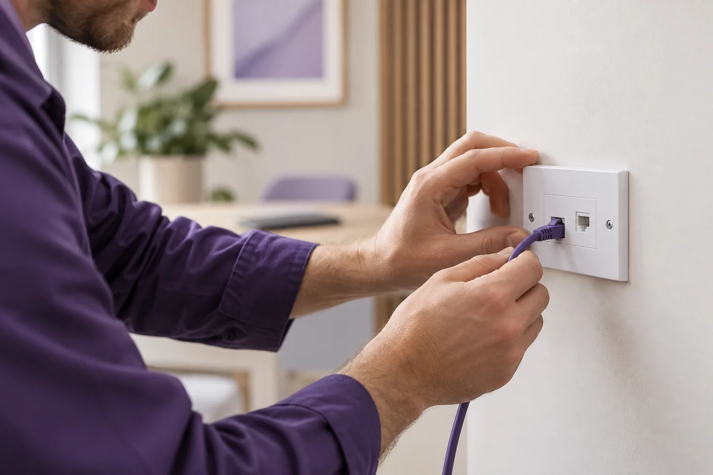 Technician hands neatly fitting a wall-mounted network outlet