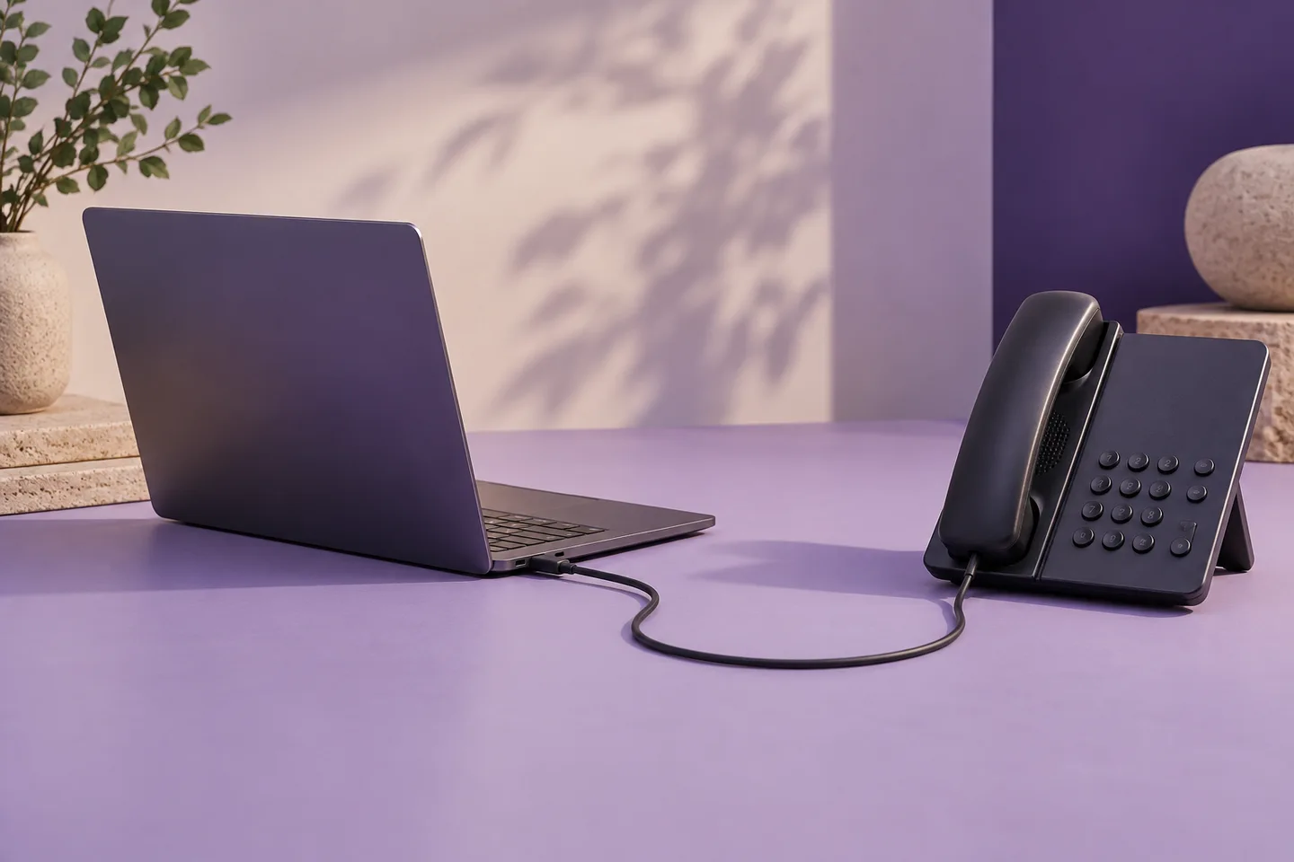 Two distinctive slim business devices linked by a single neatly arranged cable on a lilac studio surface