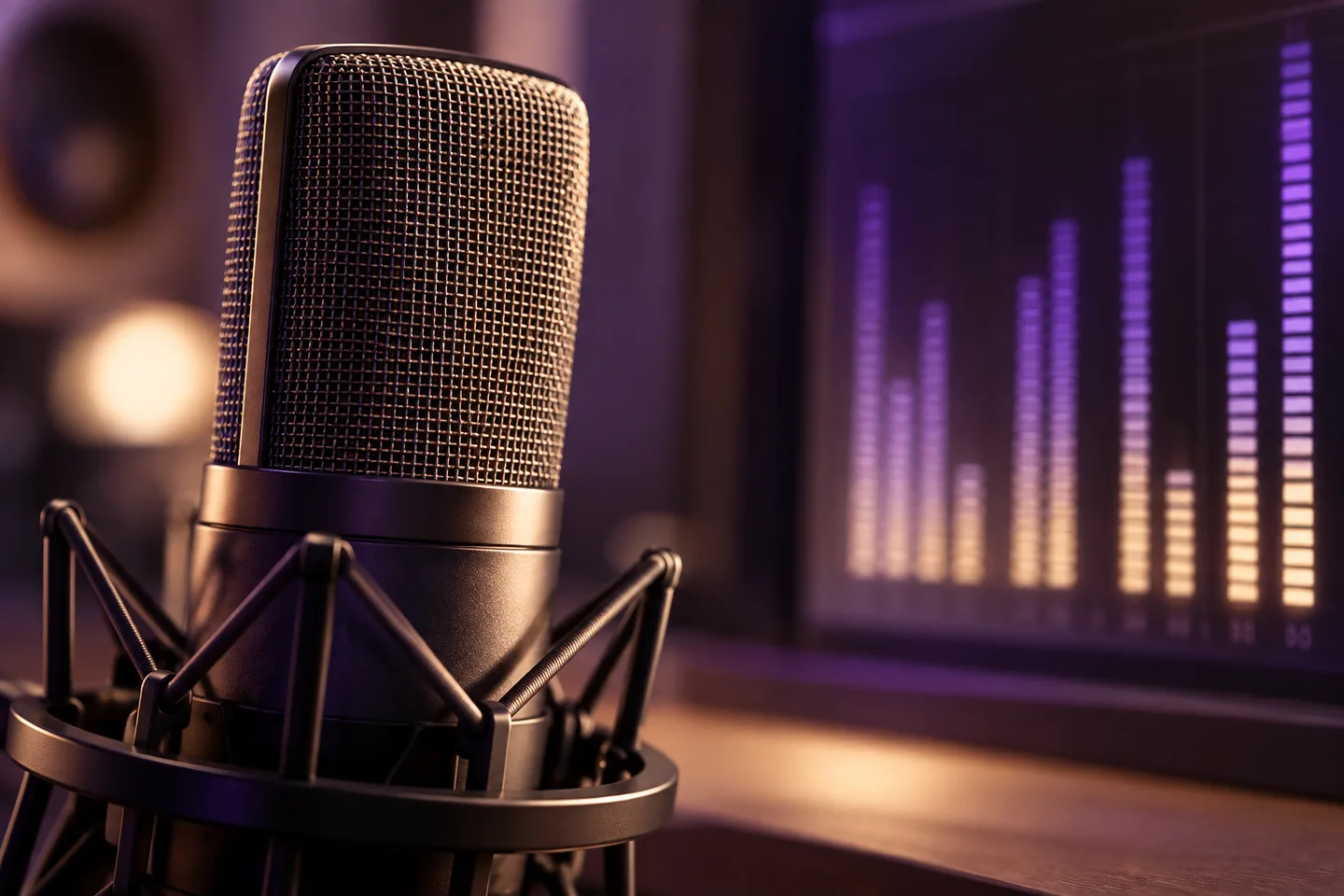 Close-up of a studio microphone diaphragm beside a softly illuminated audio level display