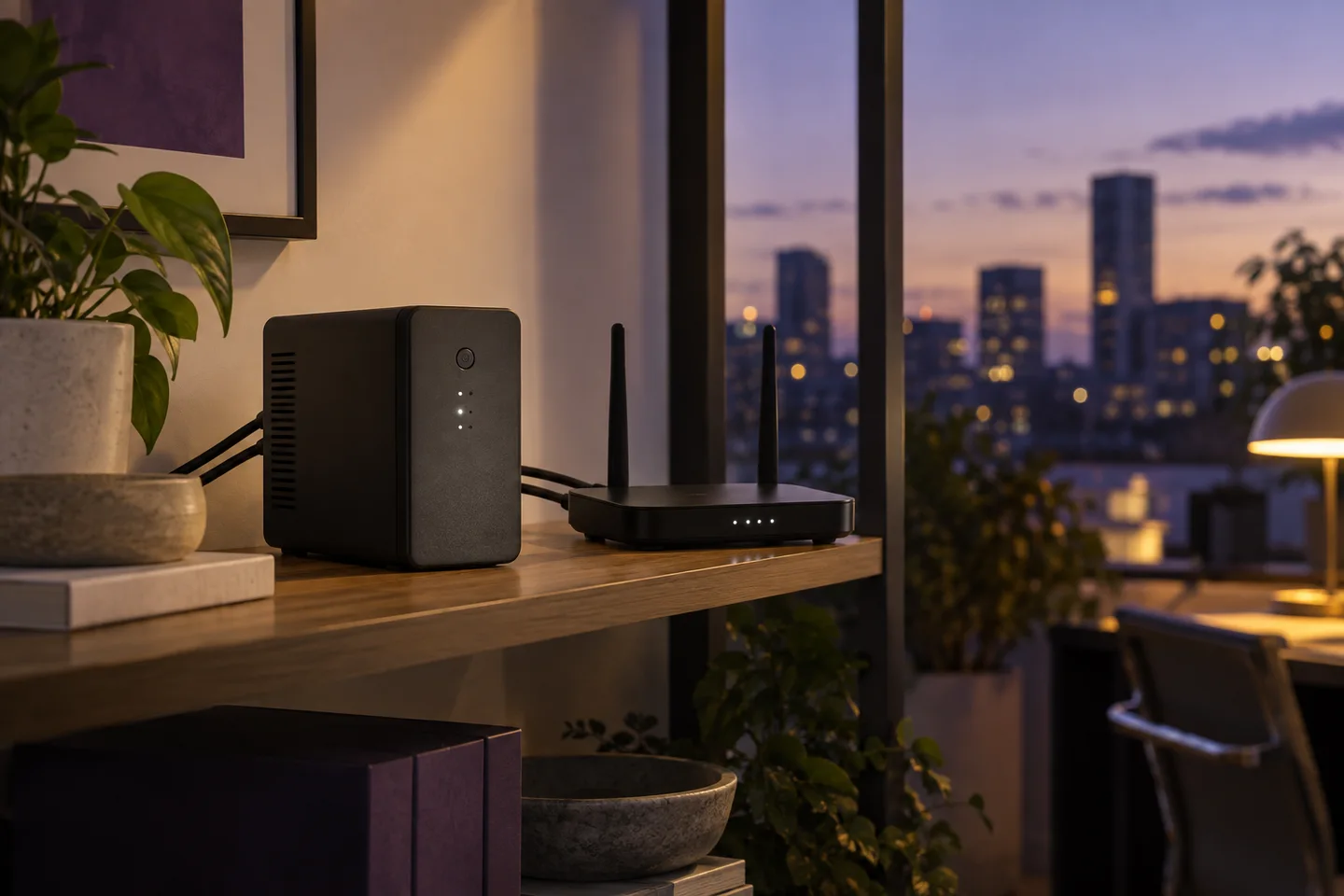 A compact backup power unit and router with two neat cables on a shelf