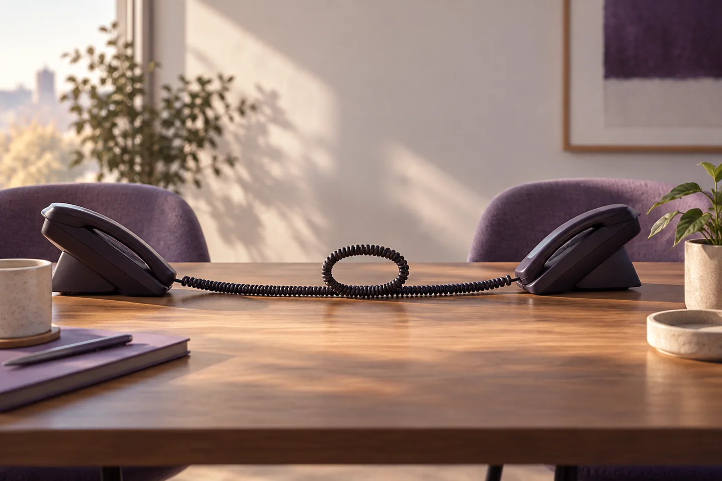 Two unbranded office handsets on opposite ends of a wooden table with a neatly looped connecting cable