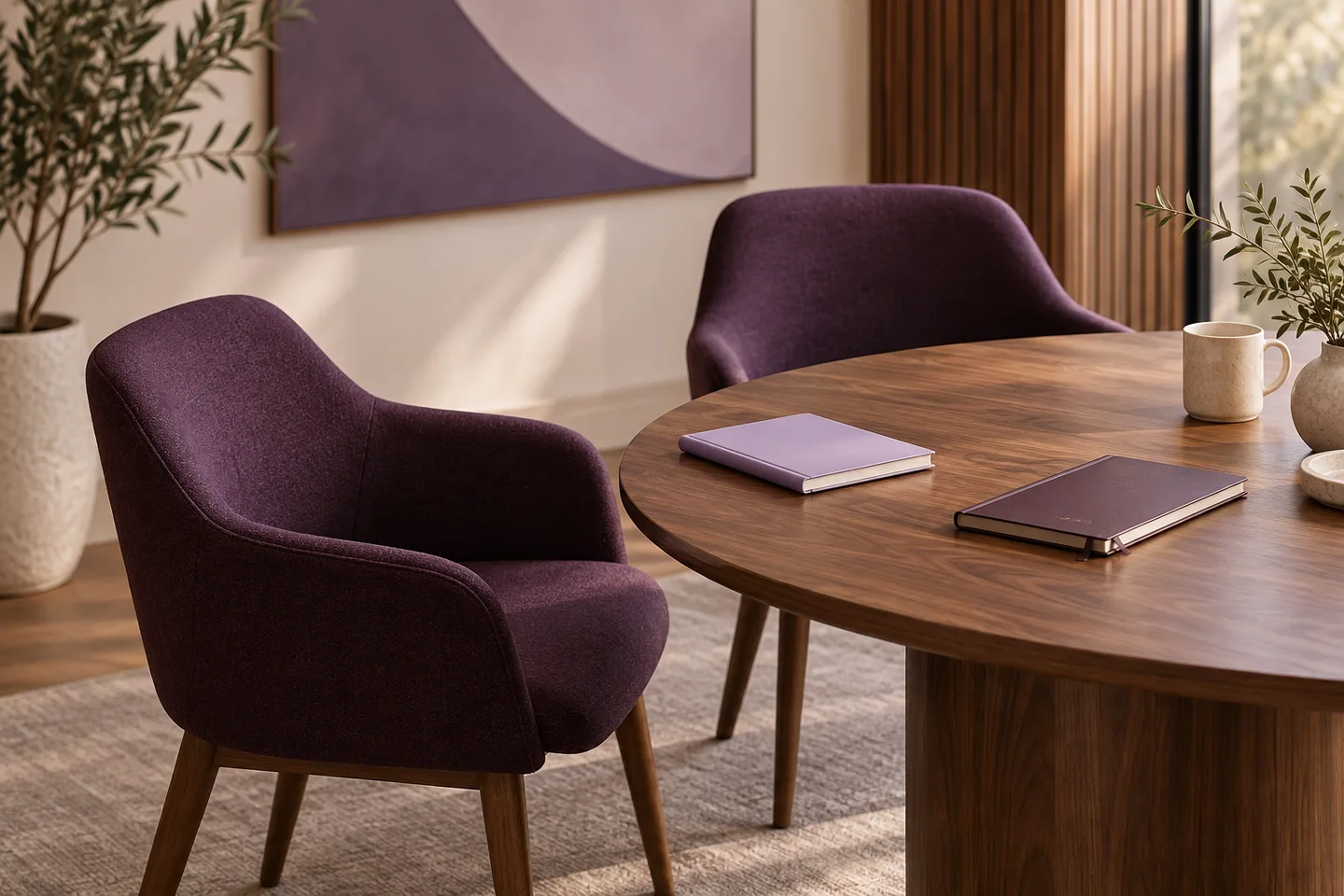 Two empty chairs angled together beside a circular walnut meeting table with two different notebooks