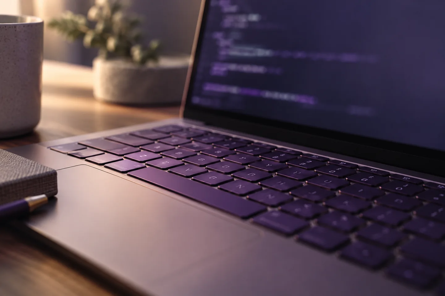 Macro of a laptop keyboard with violet keys and a blurred terminal-like screen without readable characters
