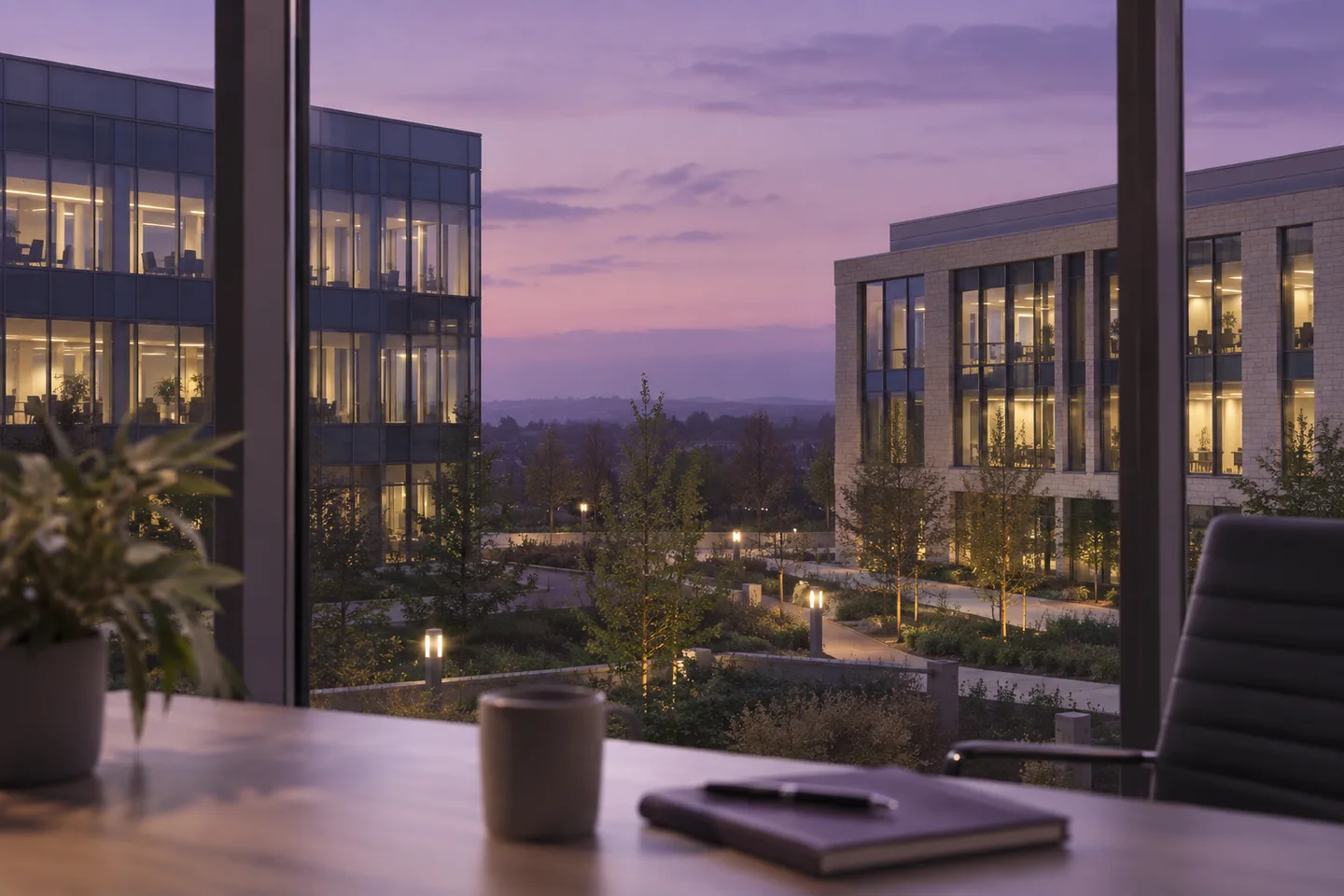 Architectural view through a window towards two modern British commercial buildings