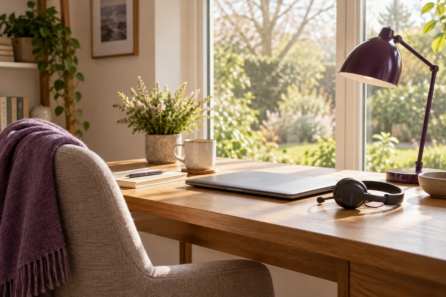 A quiet home workspace beside a large garden window