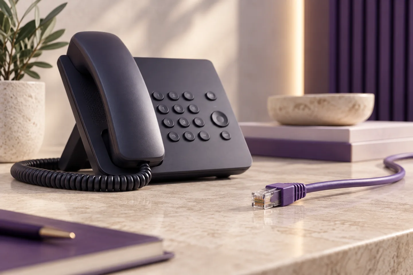 Unbranded compact ethernet phone beside a sharply focused network connector and cable
