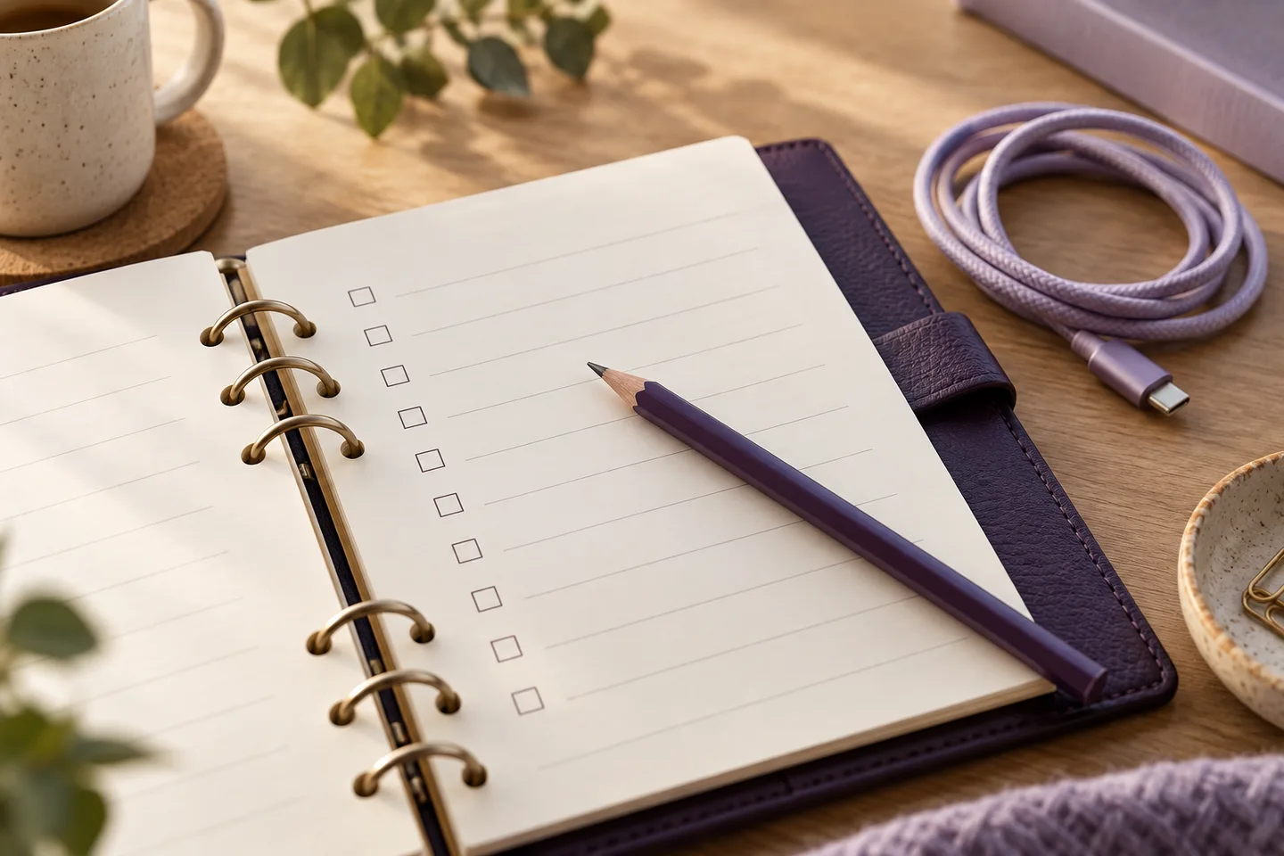 Close-up of an open ring-bound planner with blank checkboxes