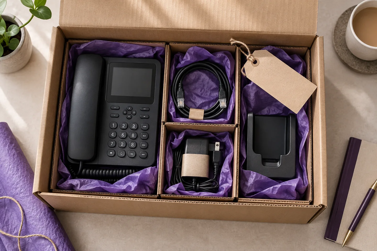 Carefully packed unbranded phone equipment in recyclable cardboard partitions