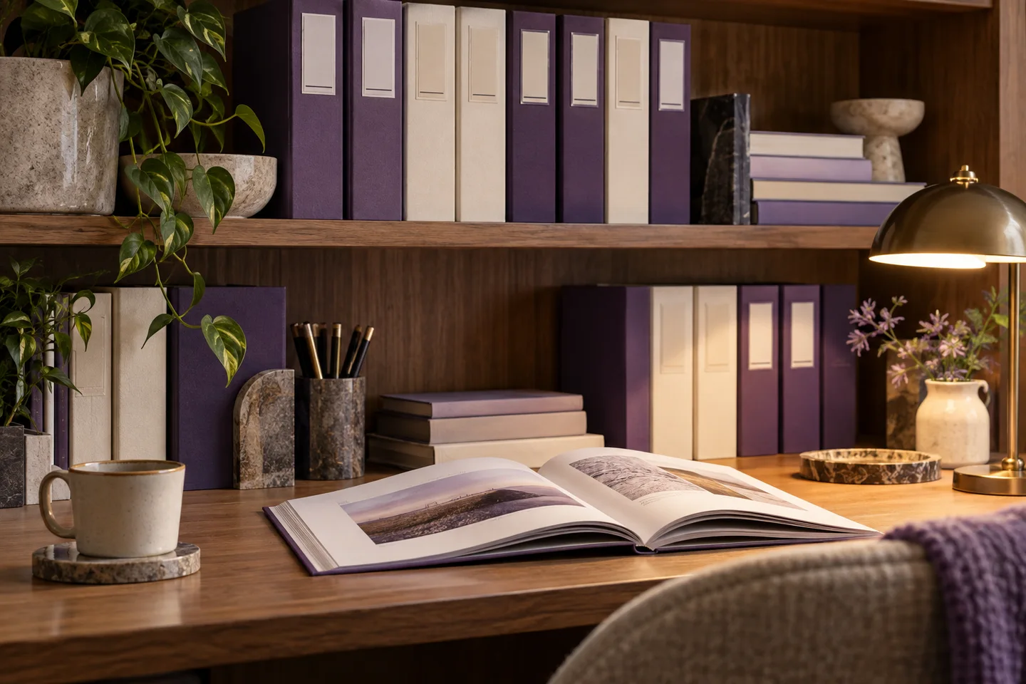 Curated library shelf with plain purple and cream technical binders