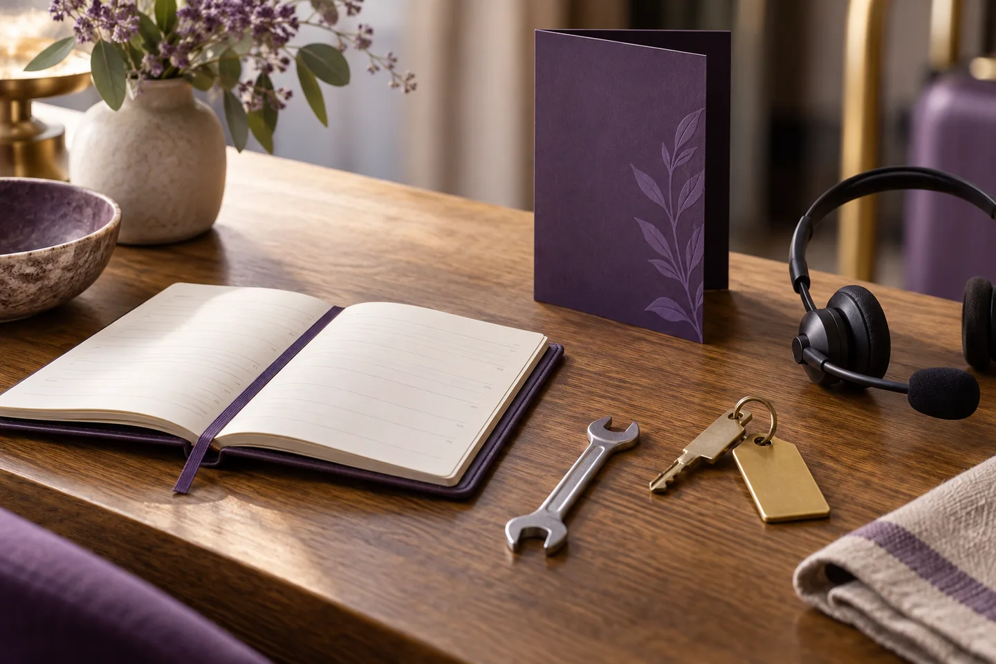 Mixed practical work tools on a long warm wooden surface: blank appointment book