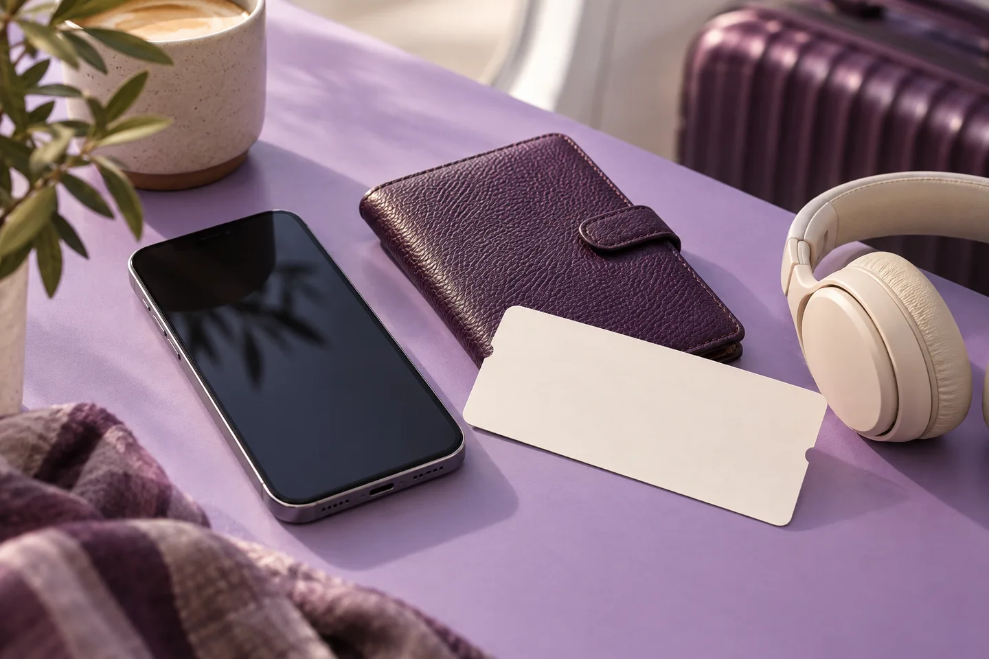 Smartphone beside a small travel wallet