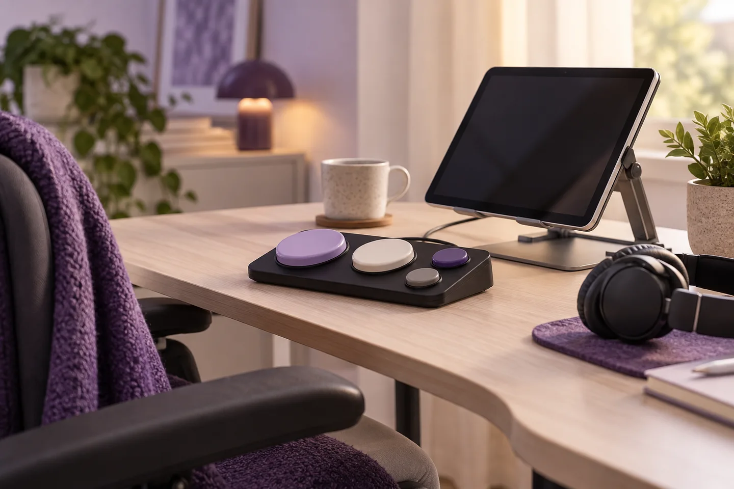 Large-button tactile input device beside a tablet on an adjustable stand