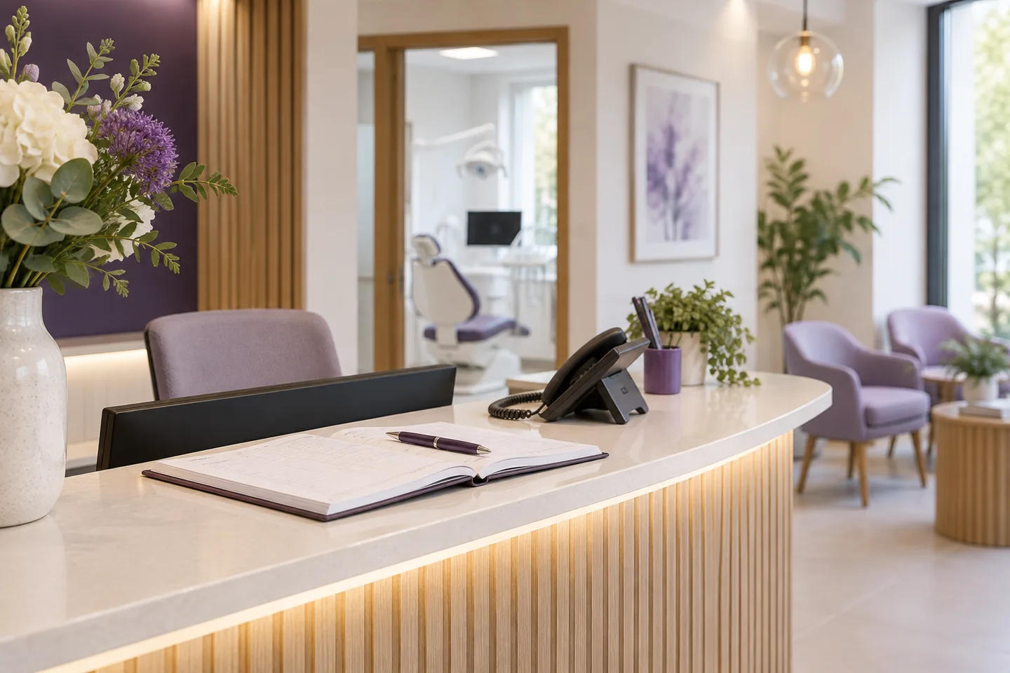 Bright calm dental or medical reception with an appointment book and telephone