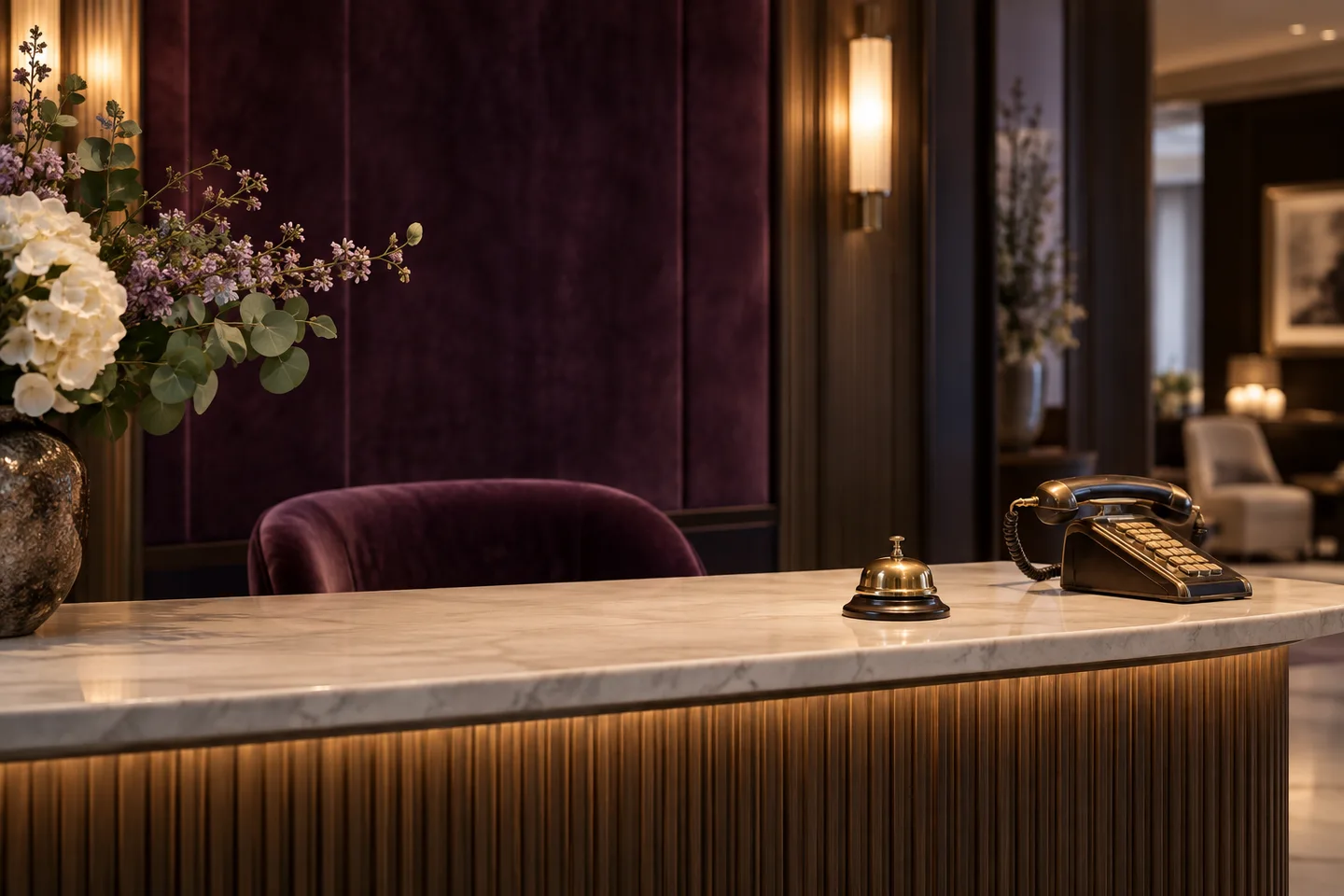 Boutique hotel reception desk with a small brass bell and elegant telephone