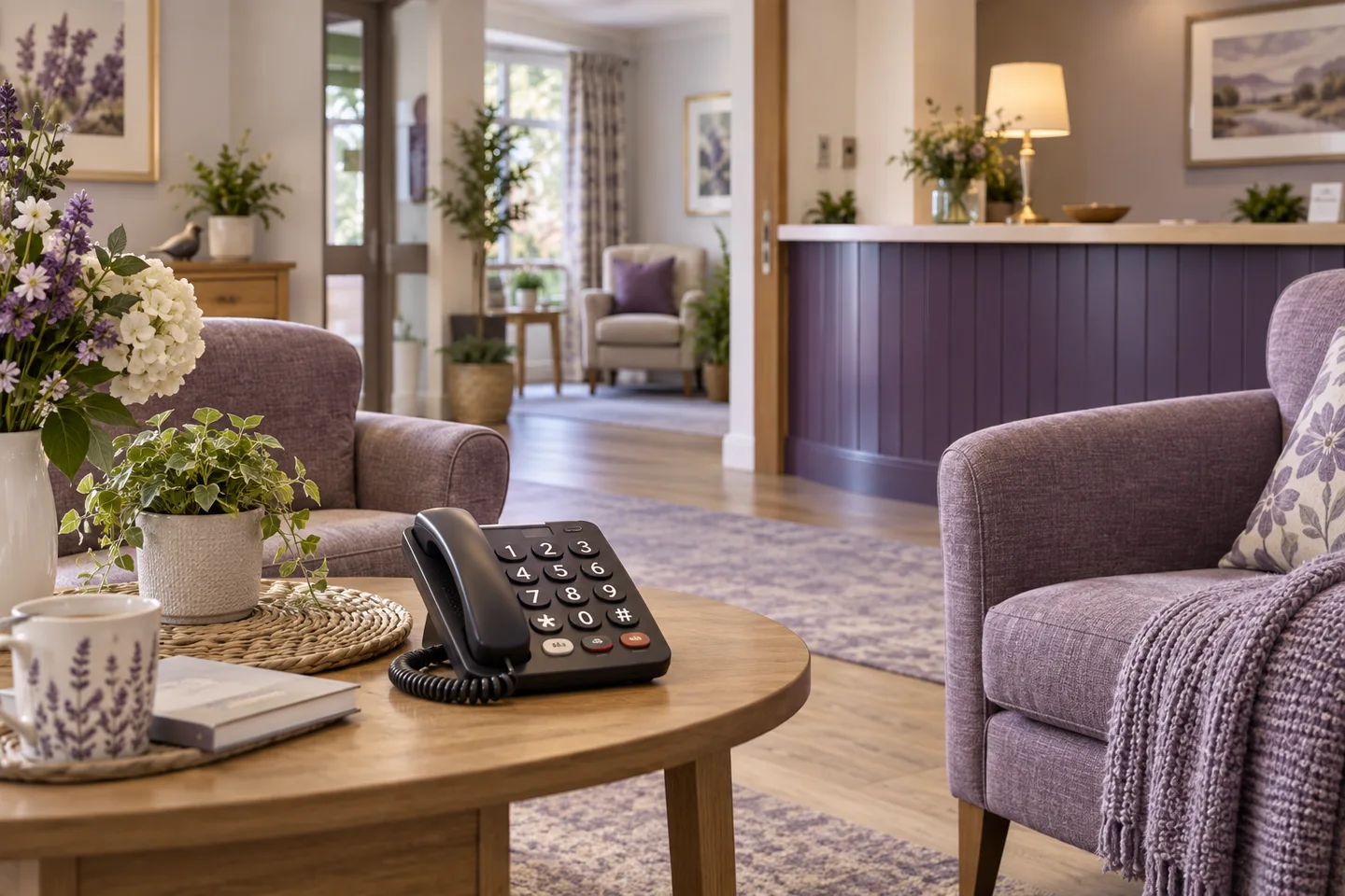 Warm care-home reception sitting area with an easy-to-use large-button phone