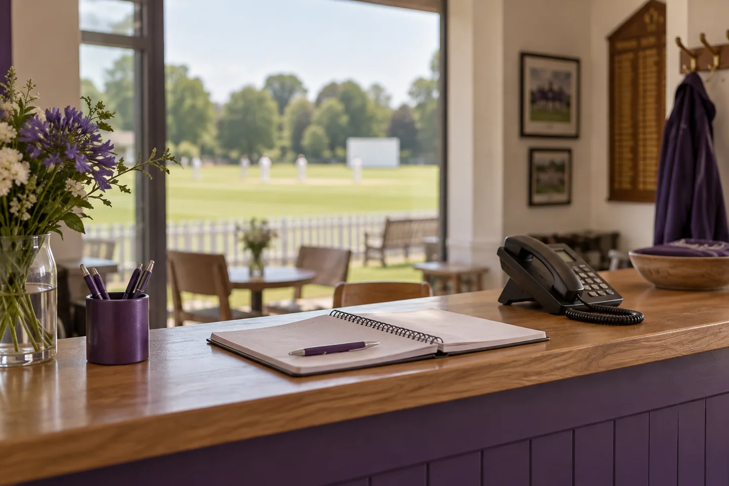 Community sports club reception with a booking notebook
