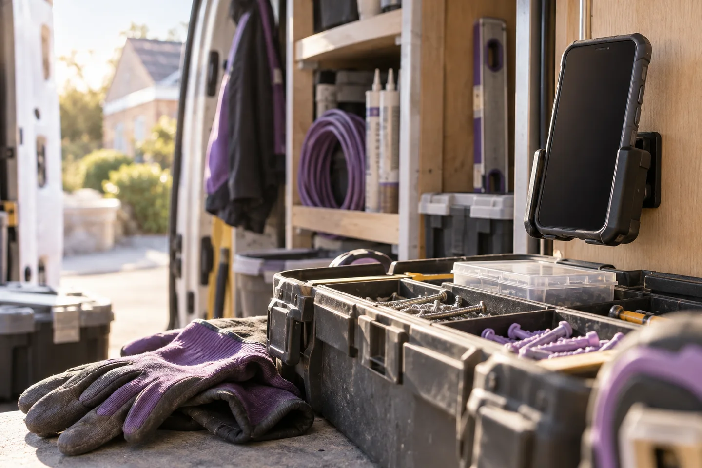 Tradesperson van interior showing a rugged unbranded mobile phone secured near an organised toolbox